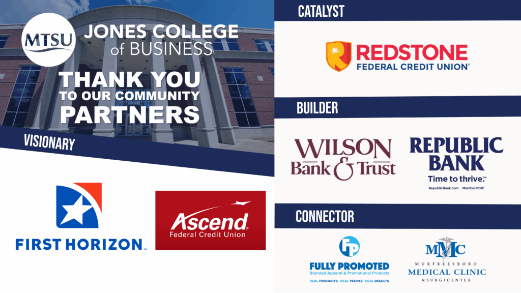 Image of Jones College logo with the words Thank You Community Partners over an image of the Business and Aerospace Building. Visionary Sponsors - First Horizon logo, Ascend Federal Credit Union logo. Catalyst Sponsors - Redstone Federal Credit Union logo. Builder Sponsors - Wilson Bank and Trust logo, Republic Bank logo. Connector Sponsors - Fully Promoted logo, Murfreesboro Medical Clinic logo.