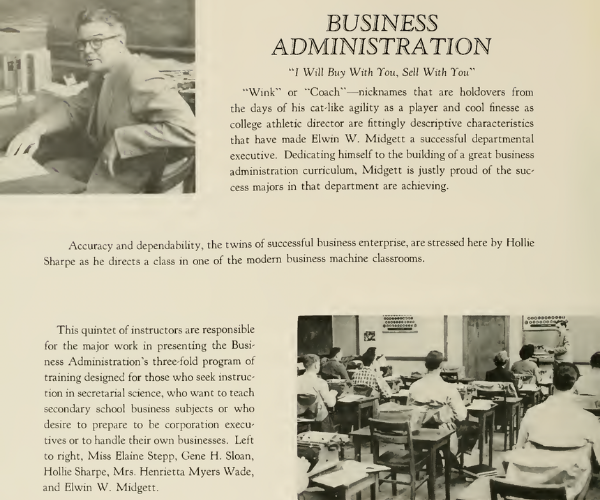 Business Department established with Elwin W. "Wink" Midgett as department head